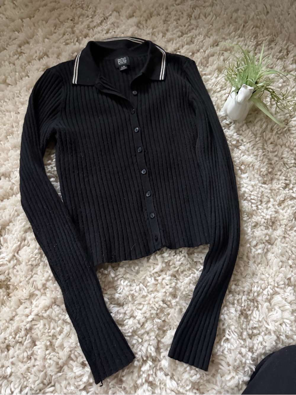 BDG urban outfitters Black Ribbed Button-Down Top with Contrast Collar Stripe